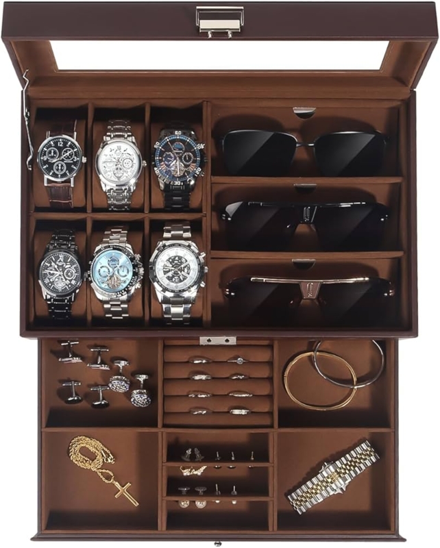 Jewelry Box Two-Tier Brown Organizer, Glass Lid, Sunglasses Storage