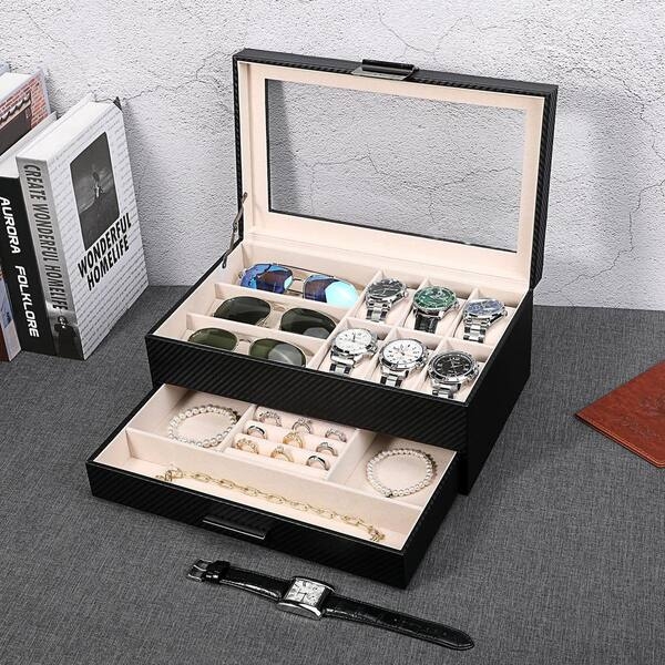 Jewelry Box Two Tier Carbon Fiber Texture Glass Lid Drawer Latch