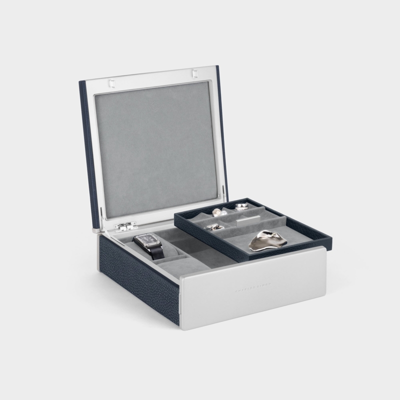 Jewelry Box Two-Tier Navy Pebbled Texture with Removable Tray Organizer