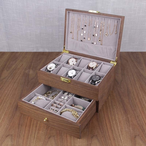 Jewelry Box, Two-Tier Walnut Finish with Pull-Out Drawer