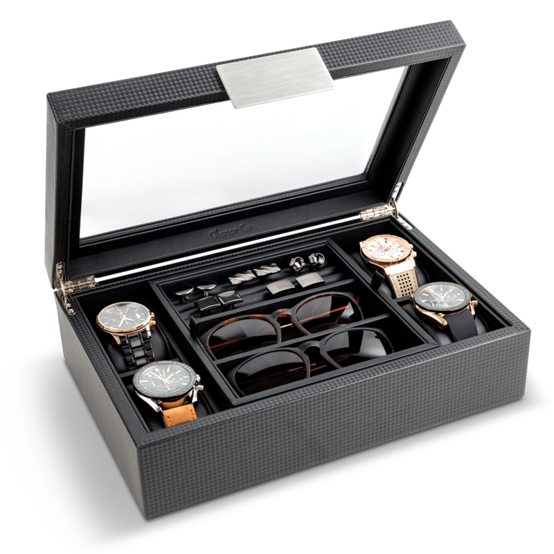 Jewelry Box Valet Carbon Fiber Pattern with Glass Top and Accessory Trays