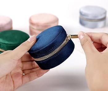 Jewelry Box Velvet Navy Round Compact Travel Case with Gold Zipper