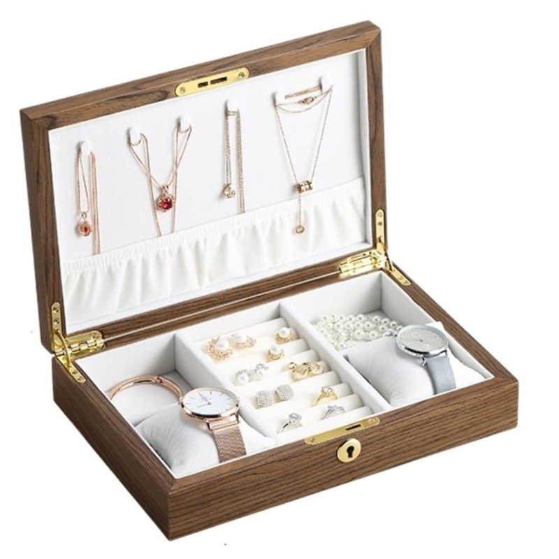 Jewelry Box Walnut Toned Grain Necklace Hooks Wooden Watch Organizer