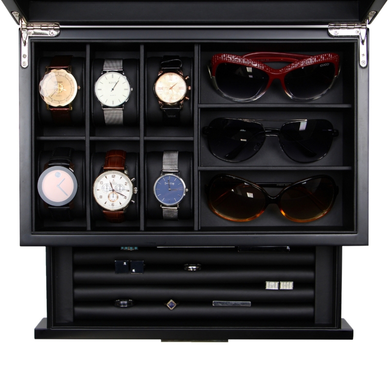 Jewelry Box Watch And Eyewear Slots Matte Finish Glass Lid Drawer