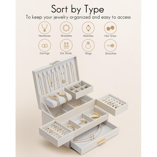 Jewelry Box Watch Pillow Inclusion White Multi-Tier Retractable Trays