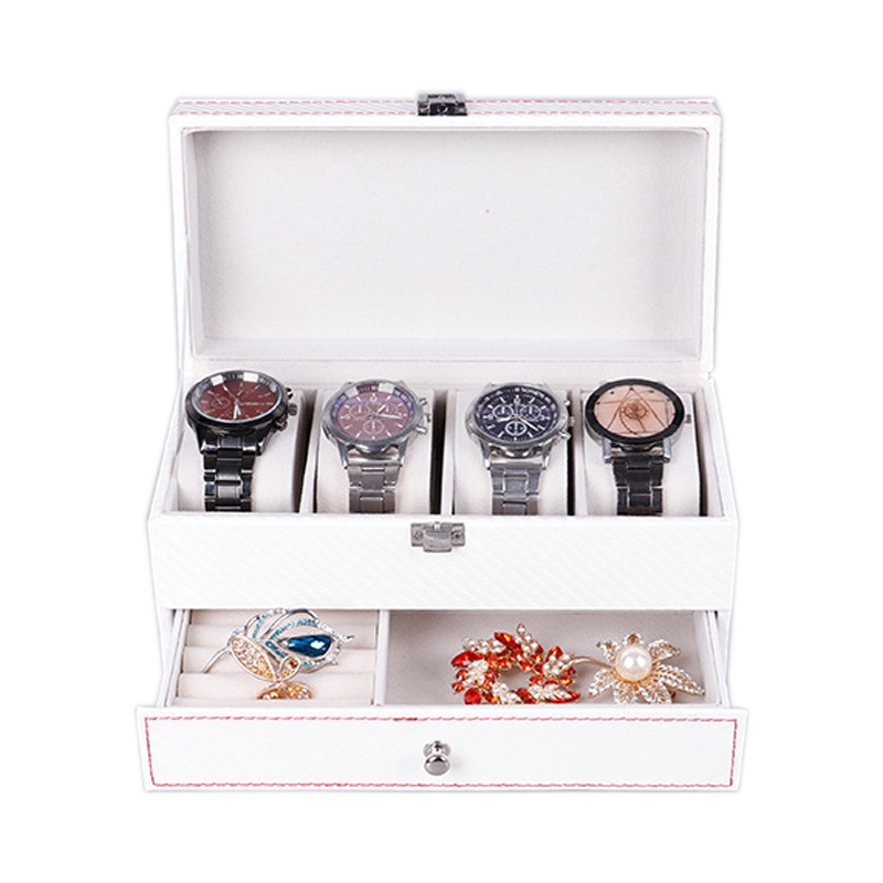 Jewelry Box White Carbon Fiber Pattern Red Stitching Two-Tier