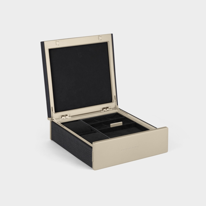 Jewelry Box with Champagne Aluminum Frame and Black Pebbled Texture