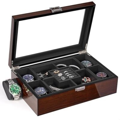 Jewelry Box with Glass Top, Dark Wood Grain Finish & Black Interior