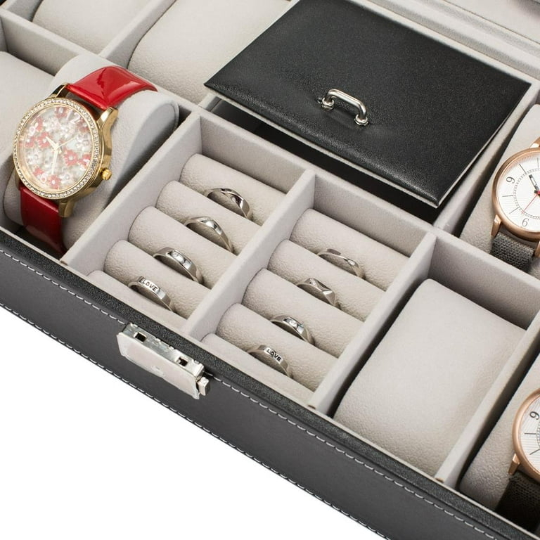 Jewelry Box with Watch Pillows Leather-like with Contrast Stitching