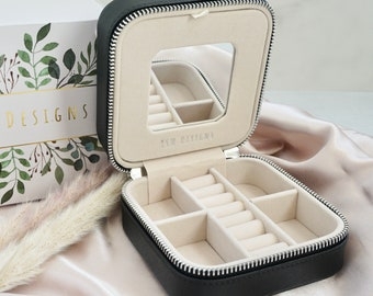 Jewelry Box Zippered Closure Interior Mirror Black Compact Organizer