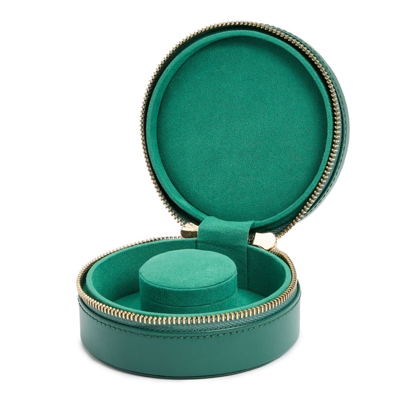 Jewelry Case Compact Round Forest Green Pebbled Texture Gold Zipper