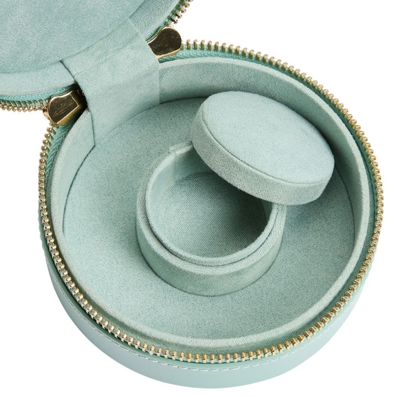 Jewelry Case Round Jade Green with Soft Suede-Like Lining Gold Zip
