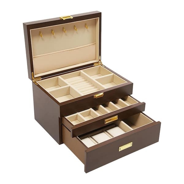 Jewelry Chest Classic Walnut Finish with Gold Hardware and Watch Pillows