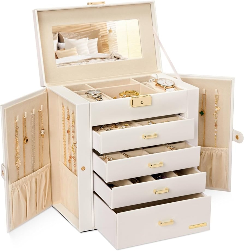 Jewelry Chest, White with Mirrored Lid, Side Wings, Multi-Drawer