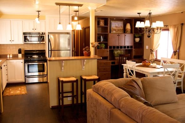 Kitchen and Living Room Divider with Breakfast Bar and Integrated Hutch