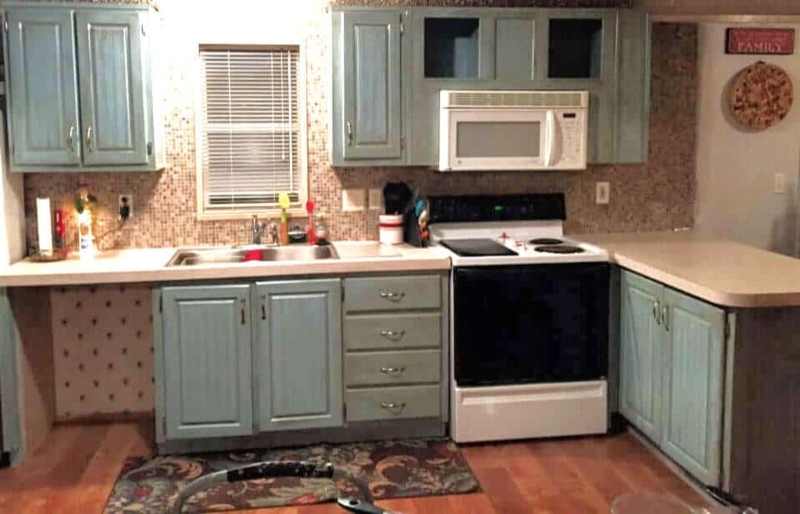 Kitchen Cabinets: Pale Blue Kitchen Cabinets with Mosaic Backsplash