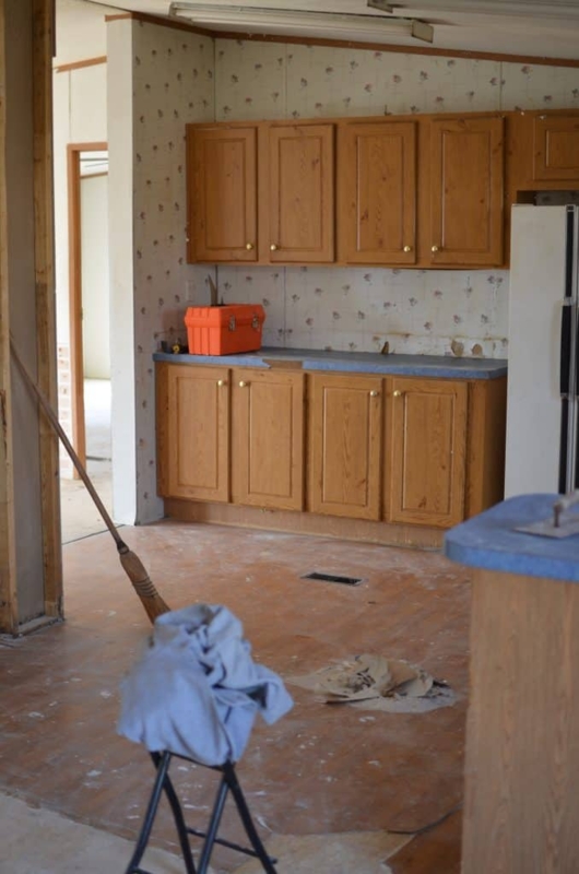 Kitchen Cabinets with Blue Countertop and Floral Wallpaper