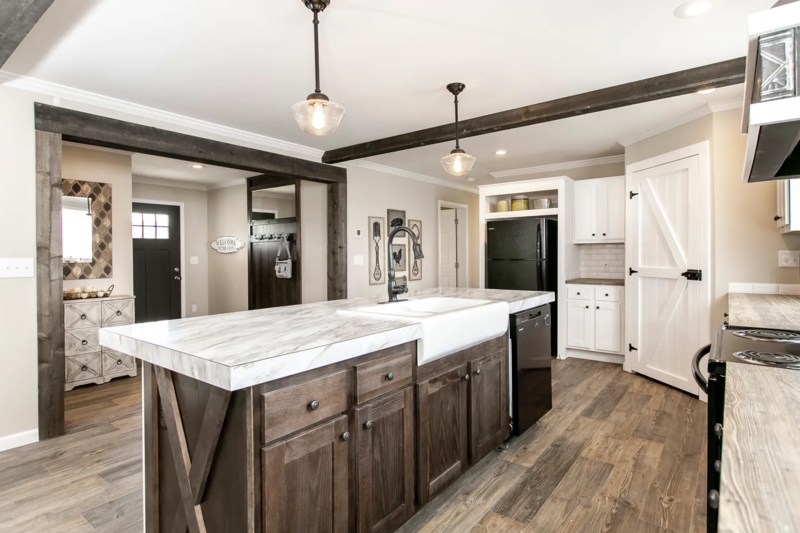 Kitchen Dark Wood Beams Ceiling Contrasting Island Apron Sink