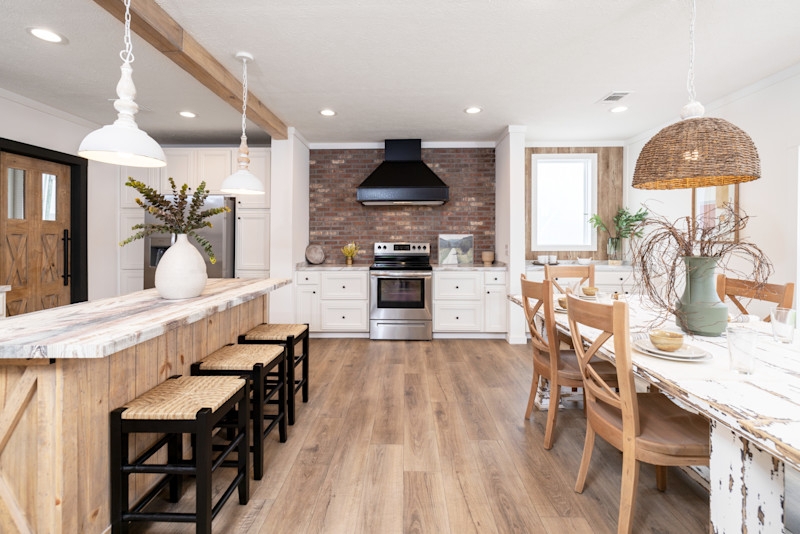 Kitchen Dining Room Rustic Brick Backsplash Design Distressed Table
