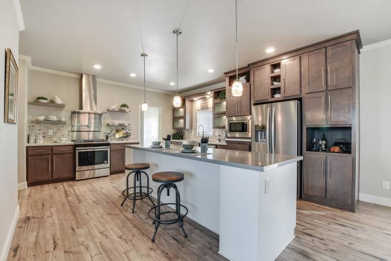 Kitchen Interior White Island Contrast Industrial Bar Stools