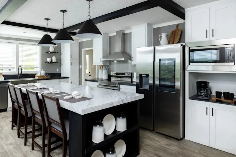Kitchen Island Layout: Integrated Coffee Nook, Black Ceiling Beams.