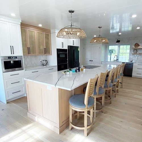 Kitchen Island: White Marbled Countertop in Modern Transitional Kitchen