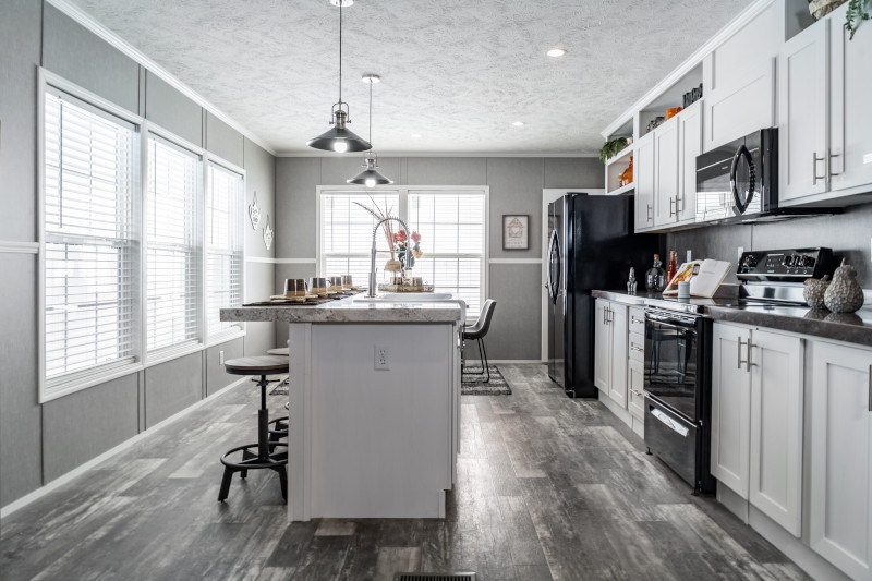 Kitchen Island with Industrial Stools in Modern Grey Batten Wall Kitchen