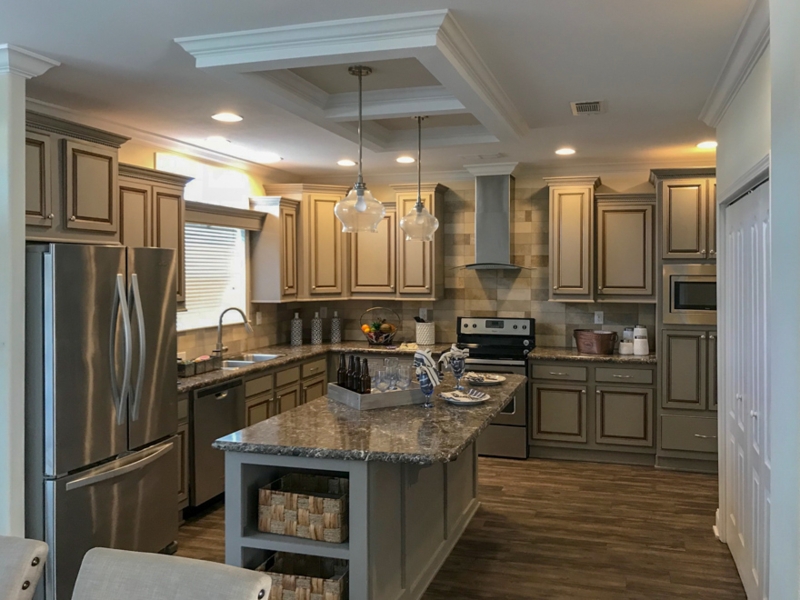 Kitchen Island with Recessed Tray Ceiling & Taupe Cabinetry Design