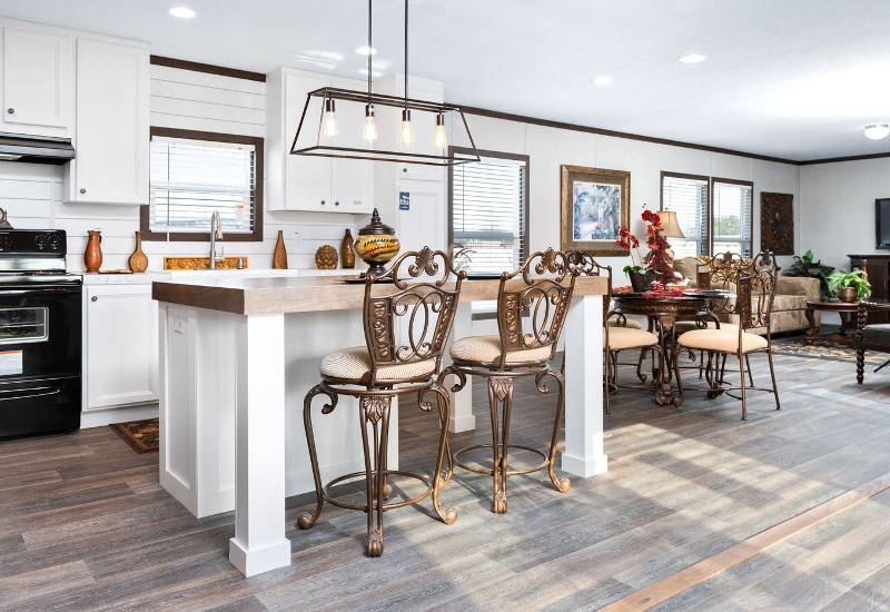 Kitchen Ornate Metal Stools Thick Wood Island Top Shiplap Wall