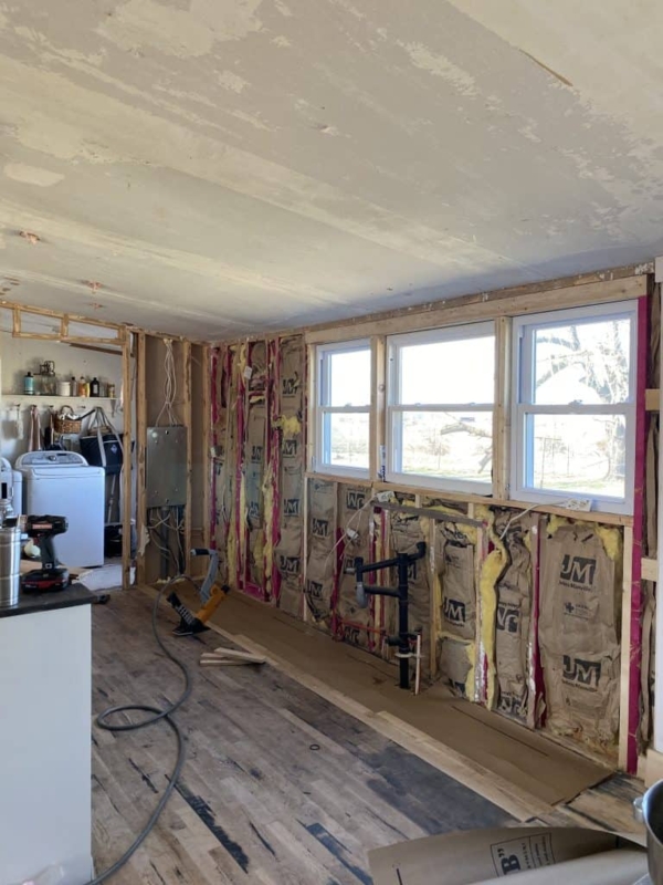 Kitchen Remodel Under Construction Triple Window Exposed Plumbing
