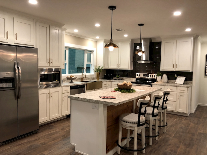 Kitchen Rustic Wood Island with Dark Contrast Backsplash