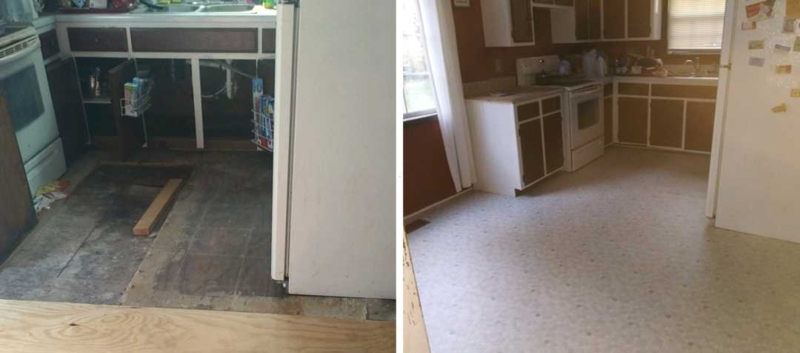 Kitchen Vinyl Flooring Before And After Damaged Subfloor Repair