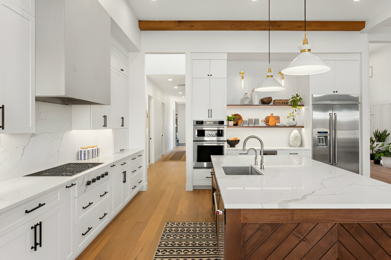 Kitchen with Wood Island & Chevron Paneling Detail
