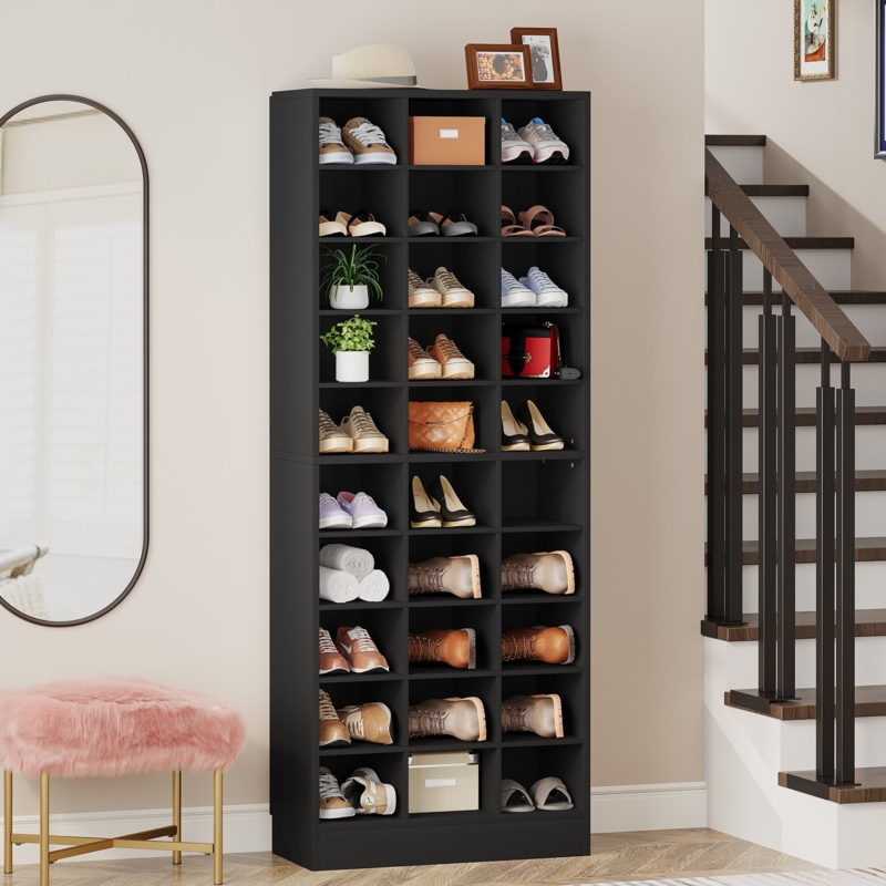 Large Capacity Black Shoe Cabinet with 30 Open Cubby Compartments