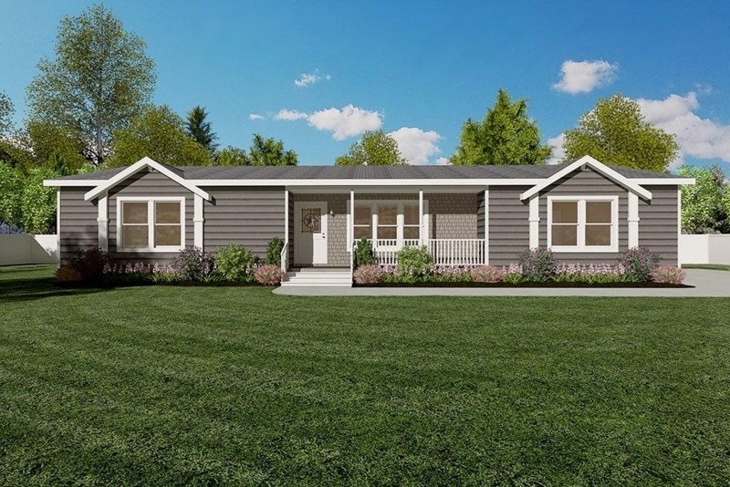 Large Gray Modular Home Exterior with Charcoal Siding and Porch