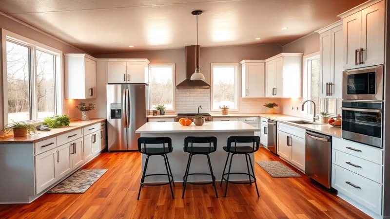 Large Kitchen Island with Seating and Warm Wood Flooring