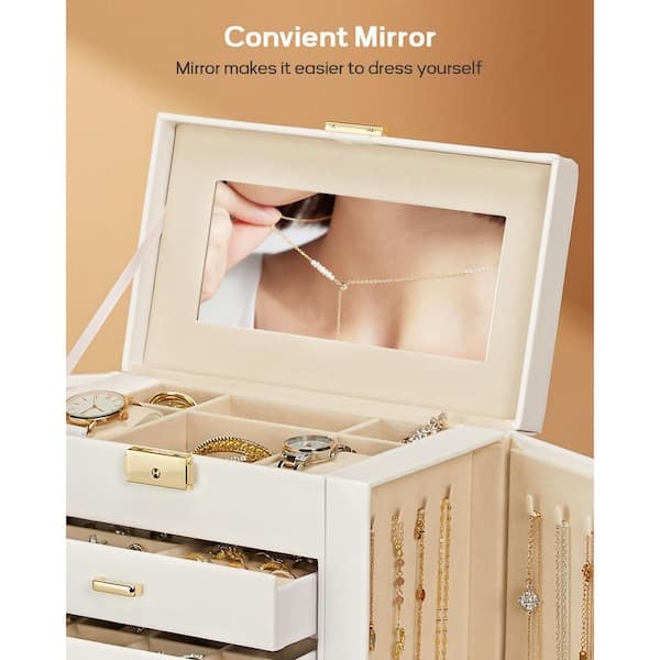 Large Mirrored Jewelry Chest Storage White with Side Necklace Panels