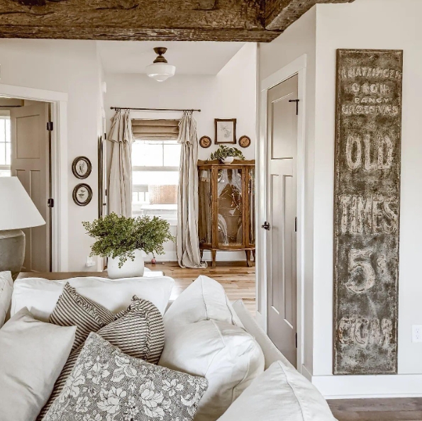 Large Vertical Wall Sign Ideas in Cozy Rustic Farmhouse Living Room.