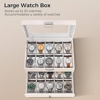 Large Watch Box White Pebbled Leather Two-Layer Storage