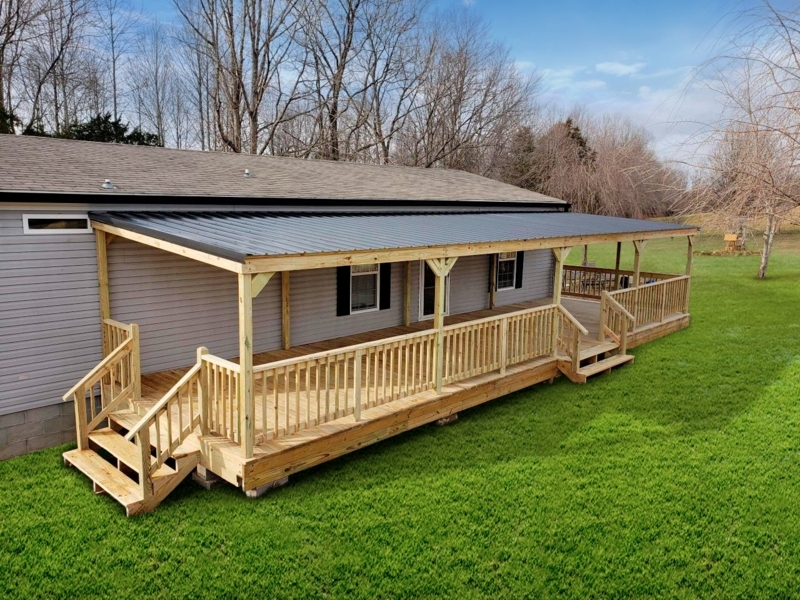 Large Wooden Deck with Metal Roof Awning for Mobile Home