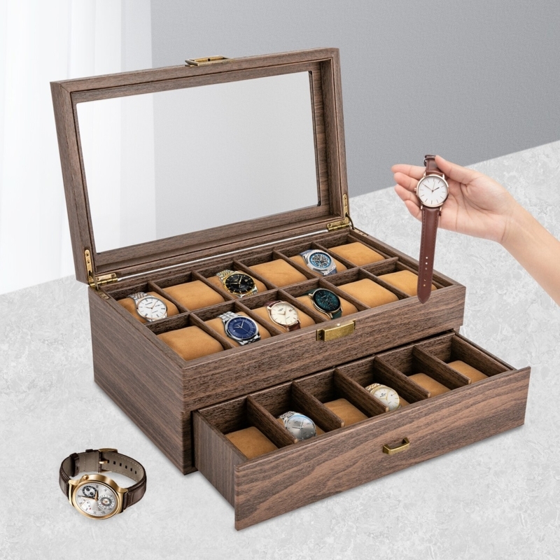Large Wooden Watch Case Two Tier Design Pull Out Drawer 24 Slots