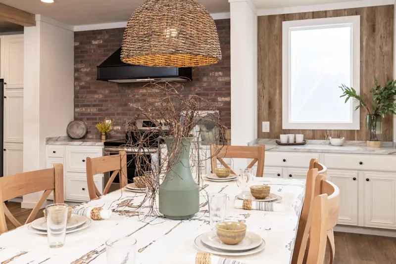 Large Woven Pendant Centerpiece in Rustic Farmhouse Dining Room.