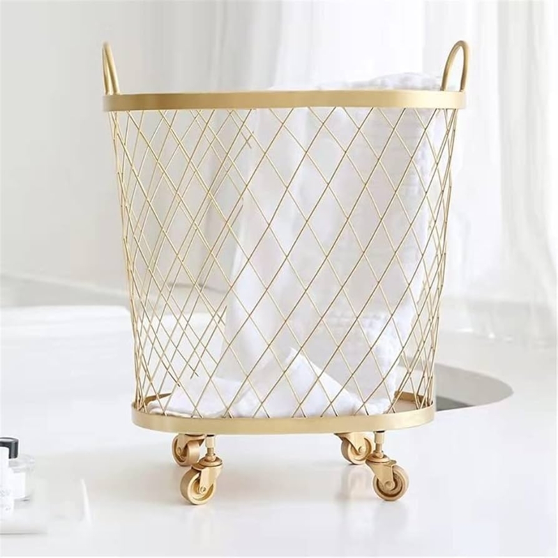 Laundry Basket Gold Wire Rolling Hamper with Diamond Lattice Pattern