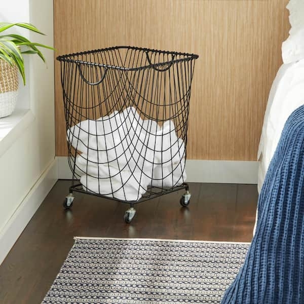 Laundry Basket Matte Black Deep Wire Mesh Rolling Cart Tapered Design