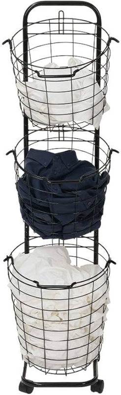 Laundry Hamper 3-Tier Vertical Rolling Black Wire Sorter Cart