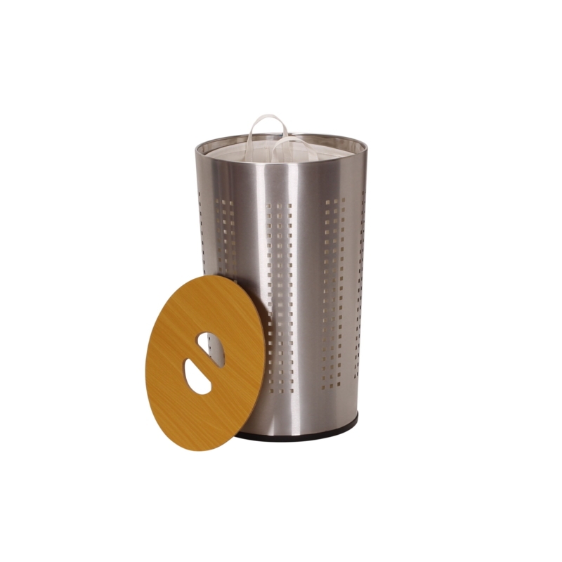 Laundry Hamper Brushed Metal Perforated Round Bin with Wood Lid