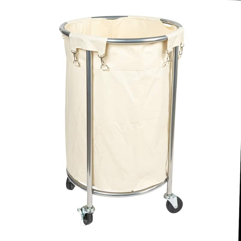 Laundry Hamper, Polished Chrome Frame, Round Shape, Cream Canvas Liner