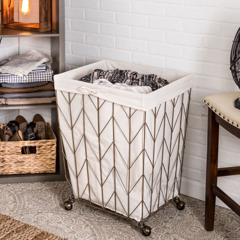 Laundry Hamper Rolling Antique Brass Chevron Wire with Cream Liner
