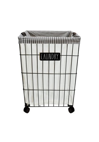 Laundry Hamper Rolling Black Wire Basket with Striped Trim Liner Label
