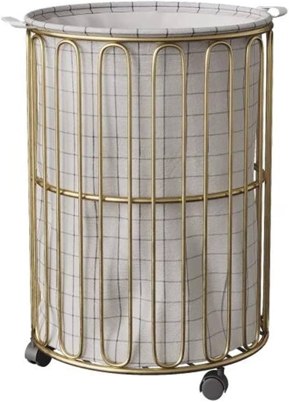 Laundry Hamper Round Gold Wire Rolling Cart with Windowpane Plaid Liner